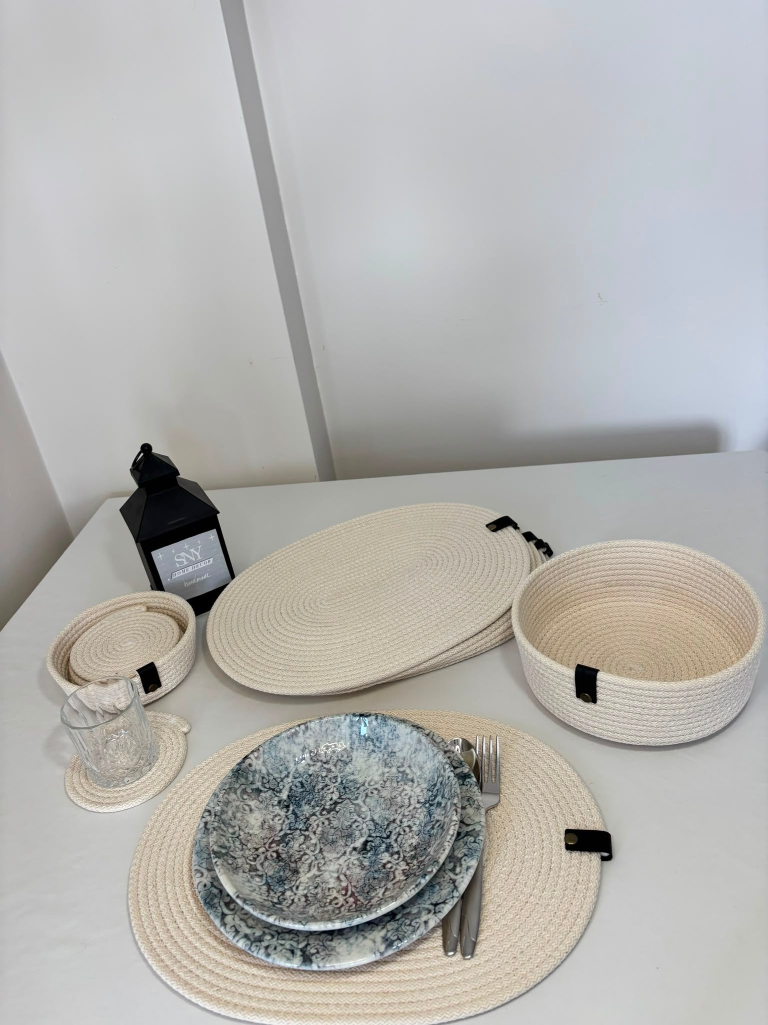 Handmade Woven White Oval Placemats , Basket, Coaster Set: Boho Table Decor