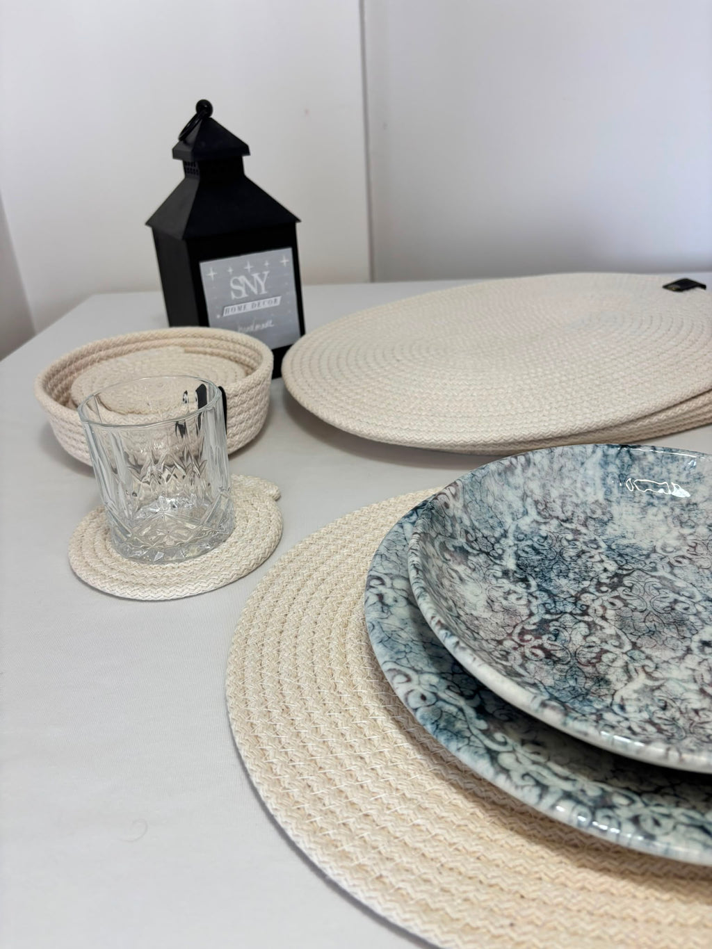 Handmade Woven White Oval Placemats , Basket, Coaster Set: Boho Table Decor