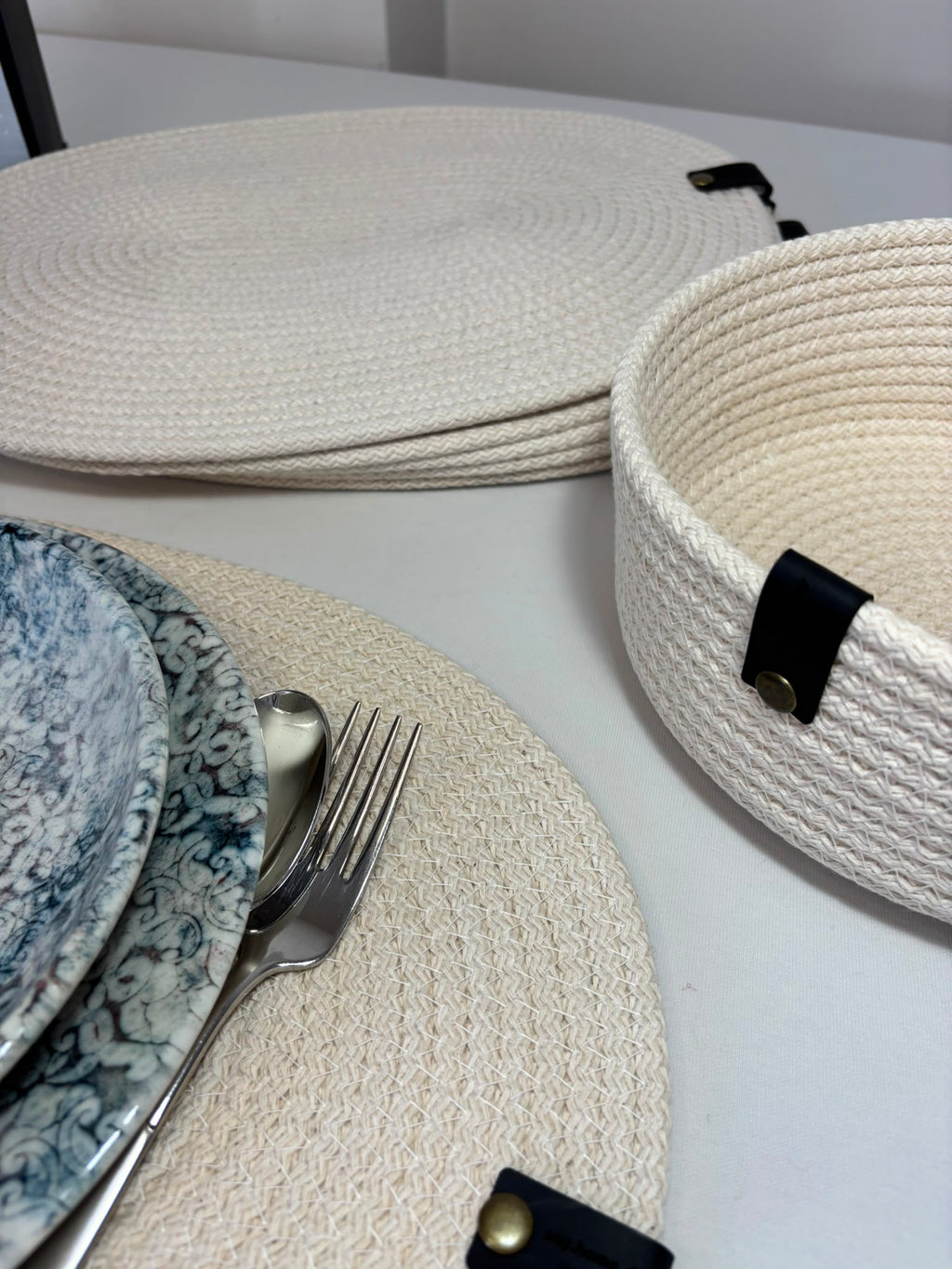 Handmade Woven White Oval Placemats , Basket, Coaster Set: Boho Table Decor