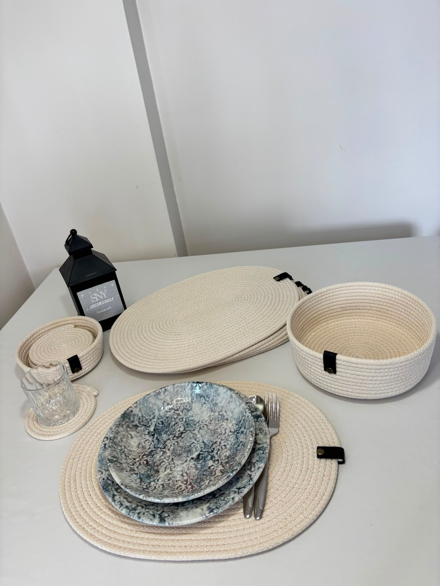 Handmade Woven White Oval Placemats , Basket, Coaster Set: Boho Table Decor