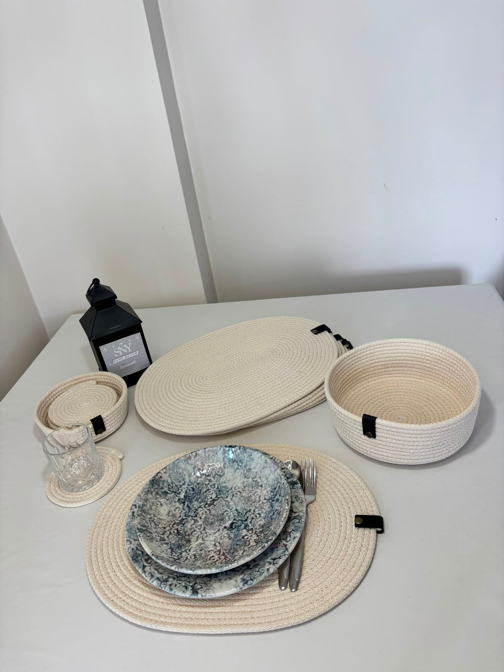 Handmade Woven White Oval Placemats , Basket, Coaster Set: Boho Table Decor