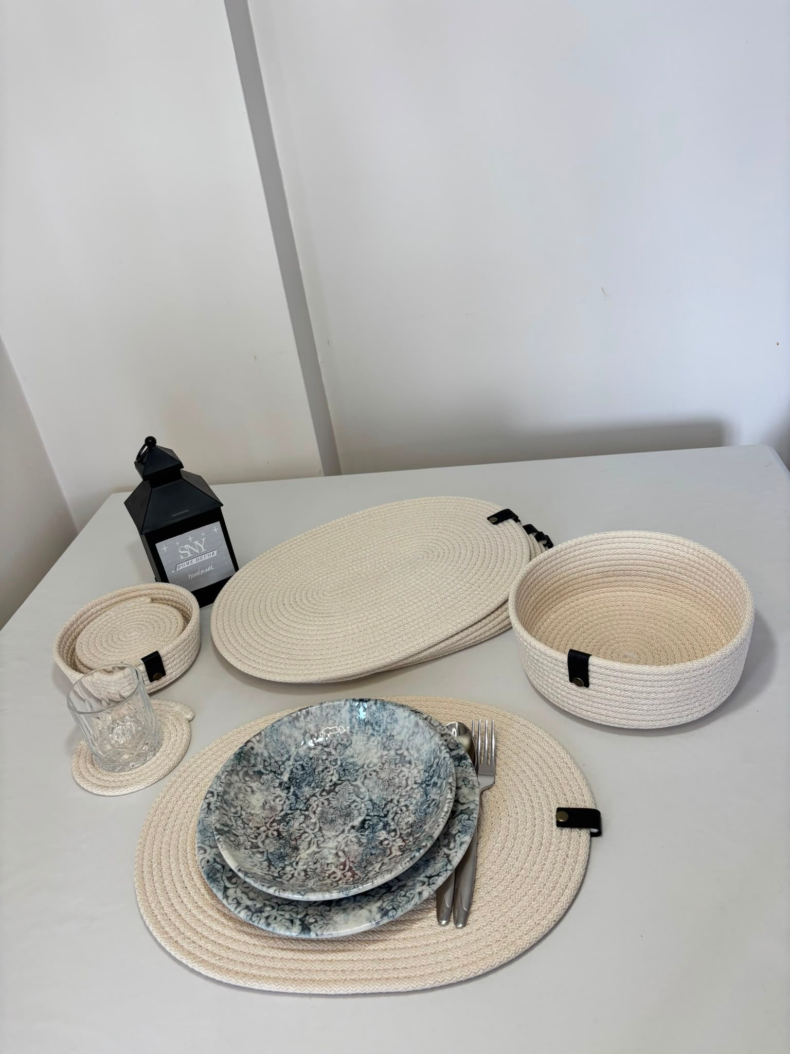 Handmade Woven White Oval Placemats , Basket, Coaster Set: Boho Table Decor