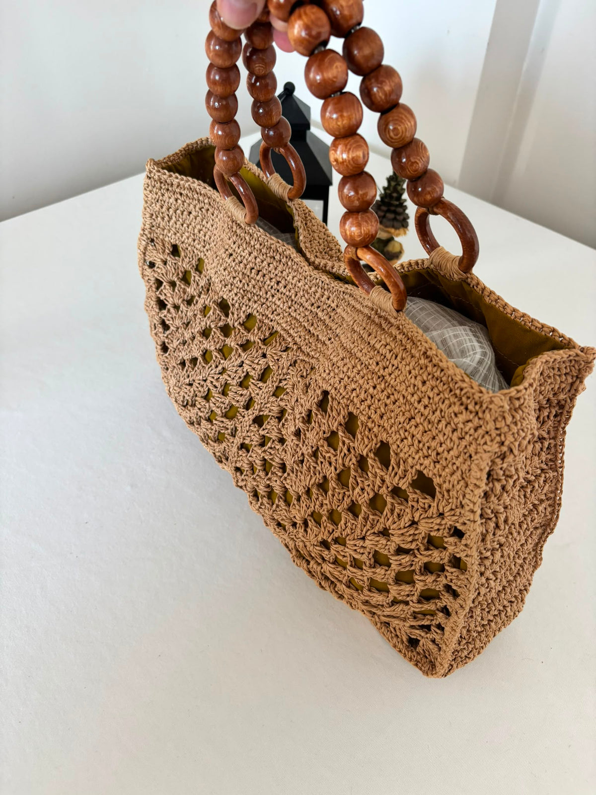Handmade Raffia Crochet Tote, Summer Beach Bag, Wooden Handle Shoulder Bag, Woven Market Bag, Boho Raffia Purse, Sand Beige