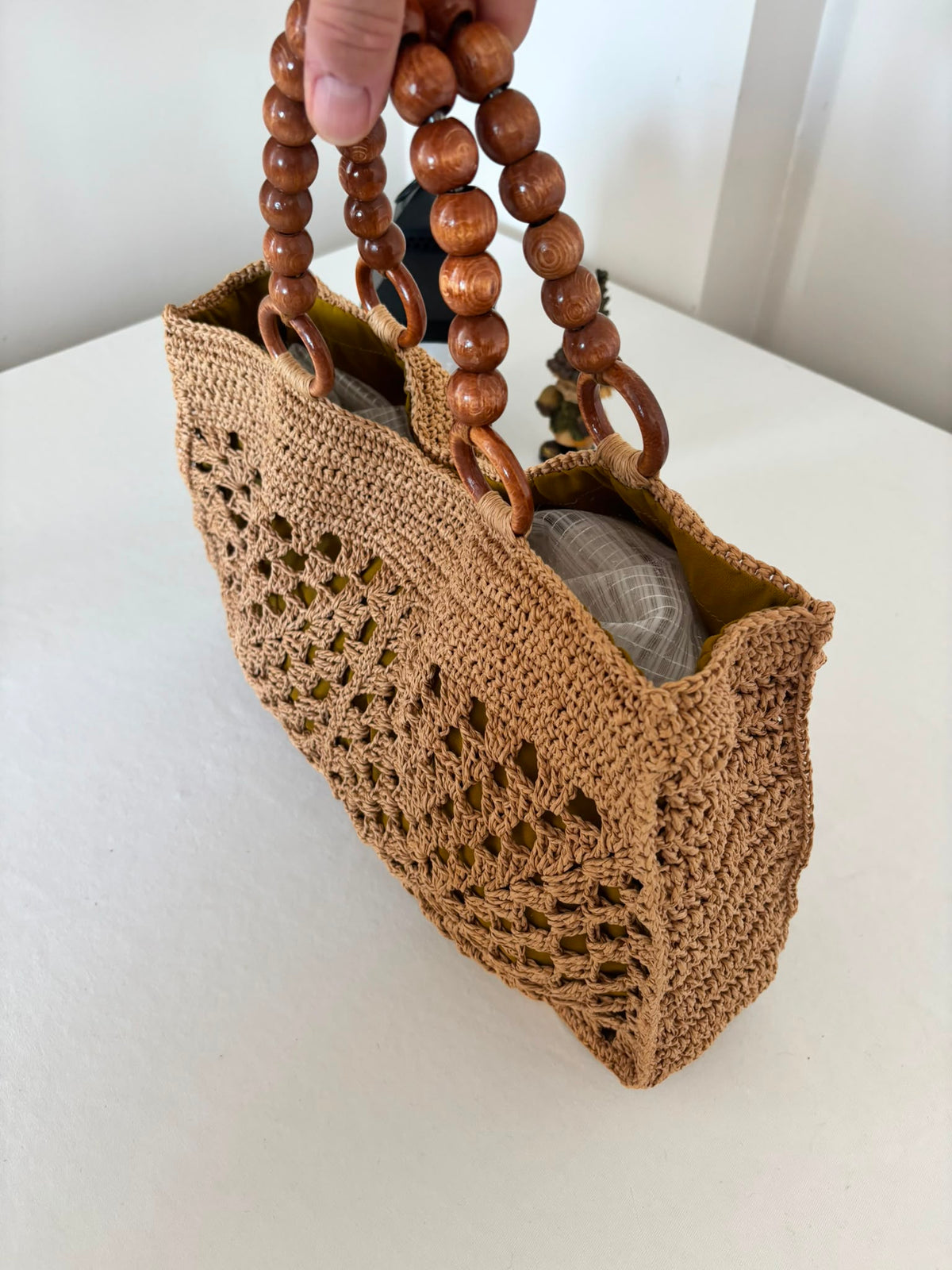 Handmade Raffia Crochet Tote, Summer Beach Bag, Wooden Handle Shoulder Bag, Woven Market Bag, Boho Raffia Purse, Sand Beige