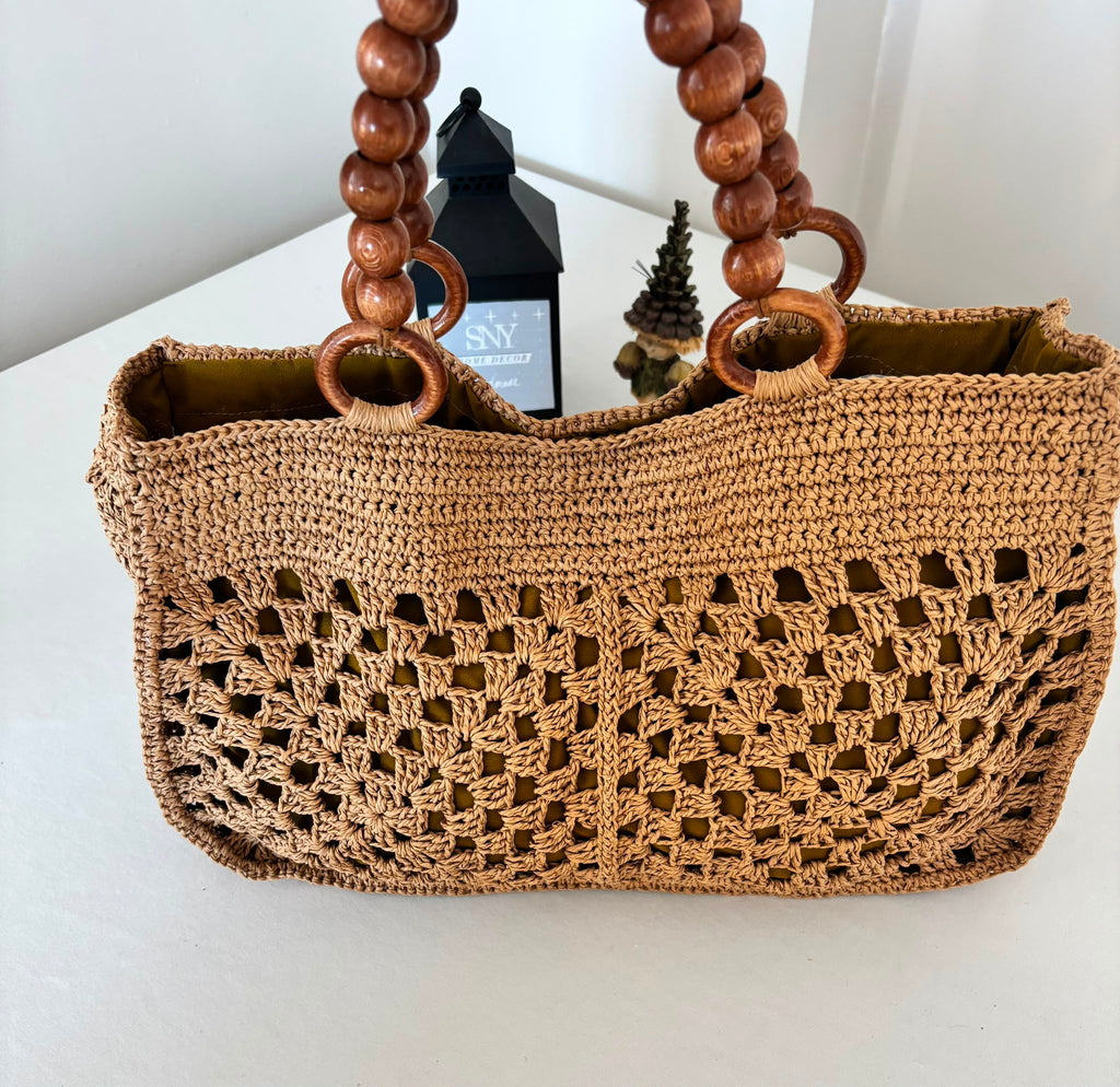 Handmade Raffia Crochet Tote, Summer Beach Bag, Wooden Handle Shoulder Bag, Woven Market Bag, Boho Raffia Purse, Sand Beige