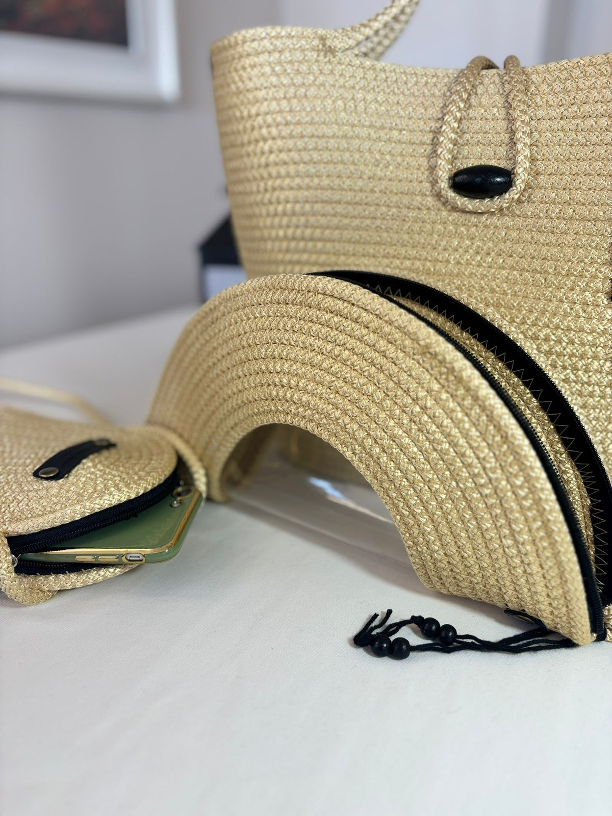 Gold  Woven Straw Bag Set, 3 Piece Tote, Clutch & Phone Crossbody Bag