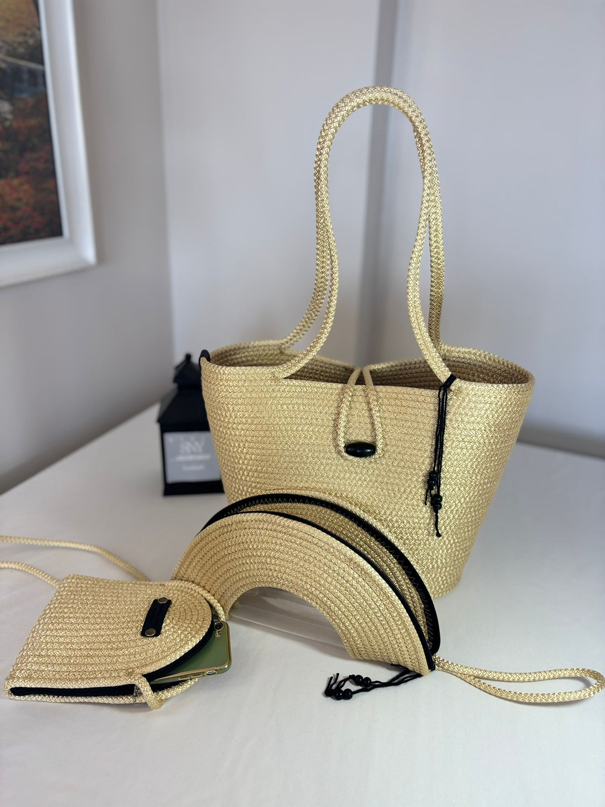 Gold  Woven Straw Bag Set, 3 Piece Tote, Clutch & Phone Crossbody Bag