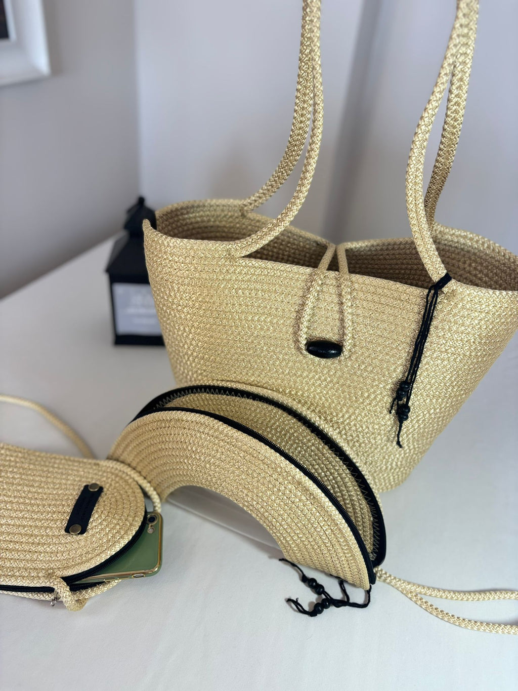 Gold  Woven Straw Bag Set, 3 Piece Tote, Clutch & Phone Crossbody Bag