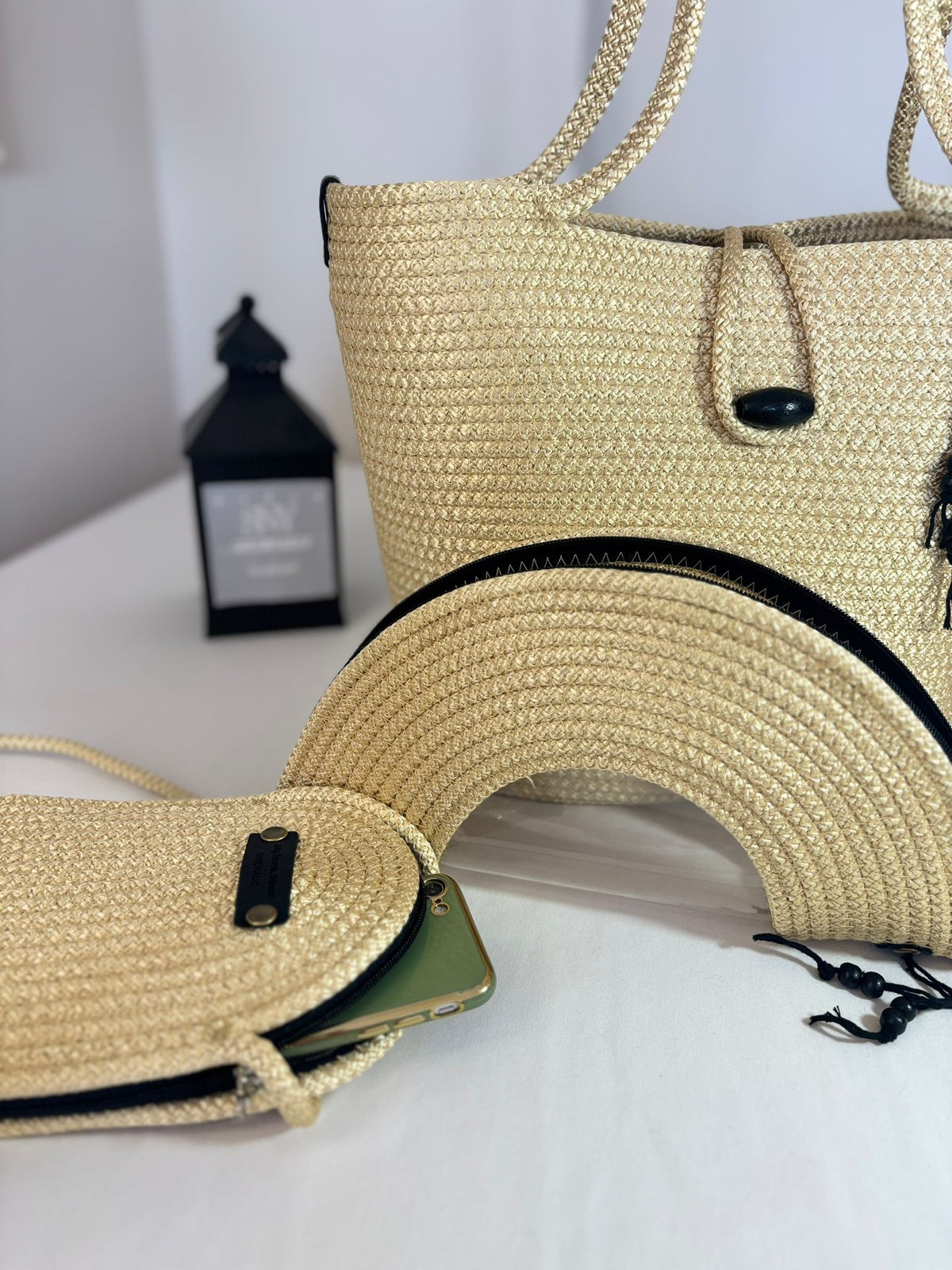 Gold  Woven Straw Bag Set, 3 Piece Tote, Clutch & Phone Crossbody Bag