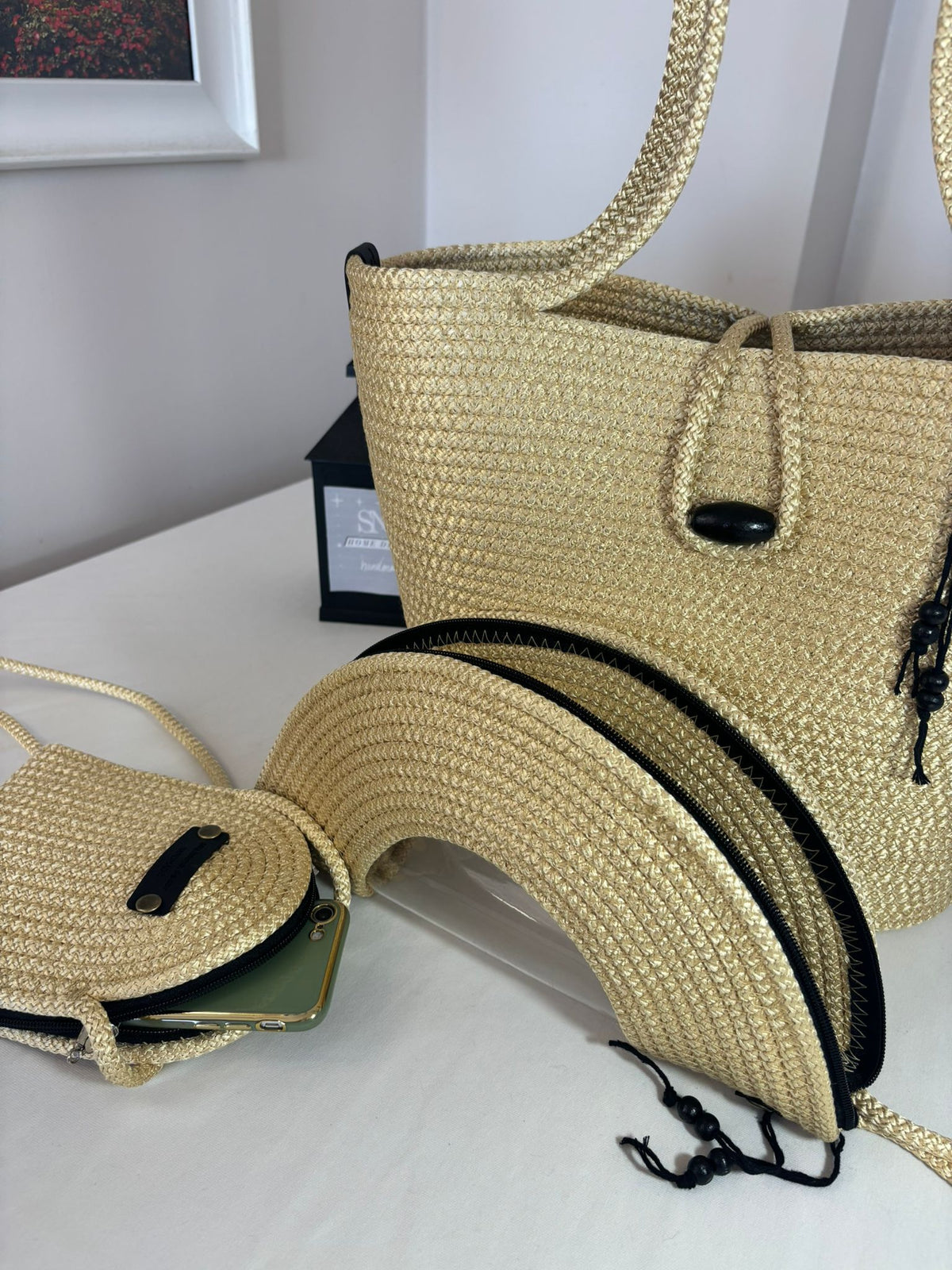 Gold  Woven Straw Bag Set, 3 Piece Tote, Clutch & Phone Crossbody Bag