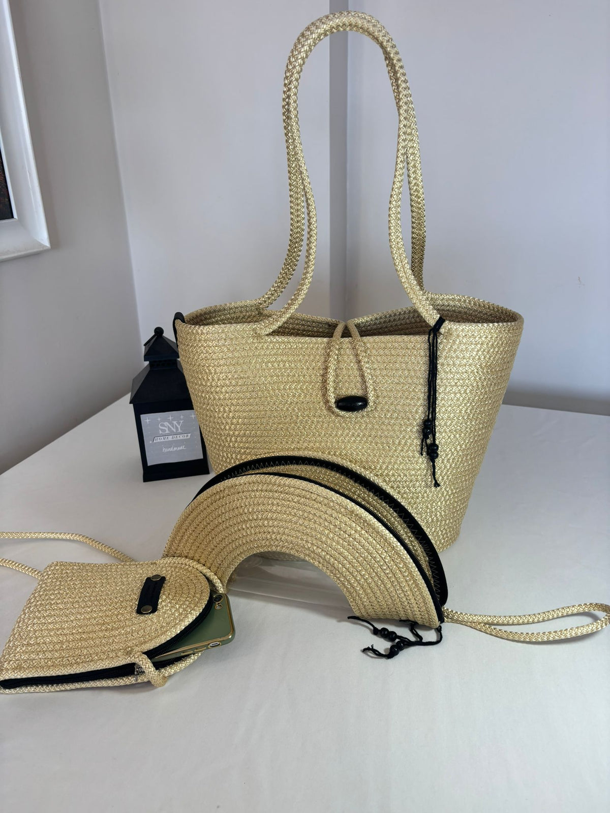 Gold  Woven Straw Bag Set, 3 Piece Tote, Clutch & Phone Crossbody Bag