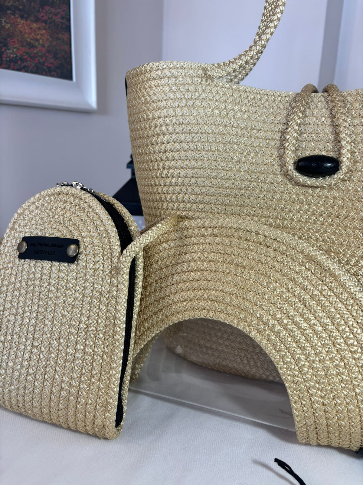 Gold  Woven Straw Bag Set, 3 Piece Tote, Clutch & Phone Crossbody Bag