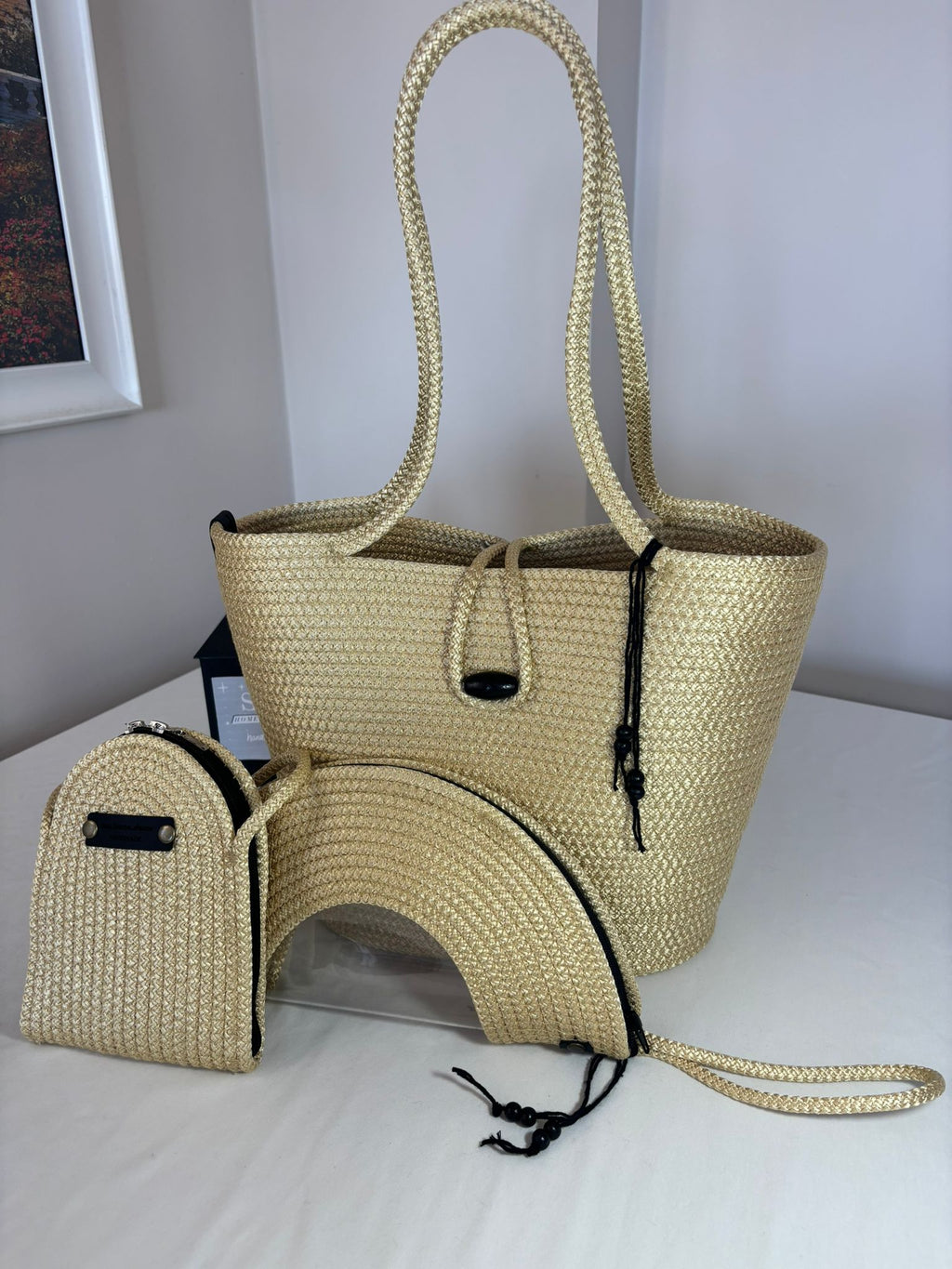 Gold  Woven Straw Bag Set, 3 Piece Tote, Clutch & Phone Crossbody Bag