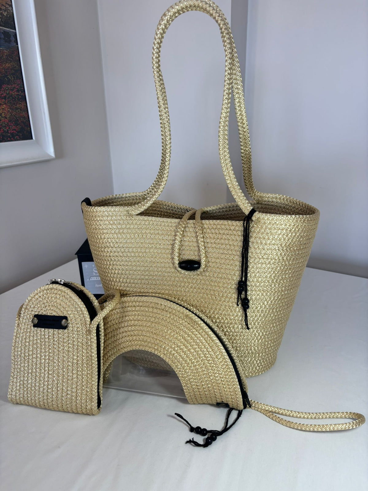 Gold  Woven Straw Bag Set, 3 Piece Tote, Clutch & Phone Crossbody Bag