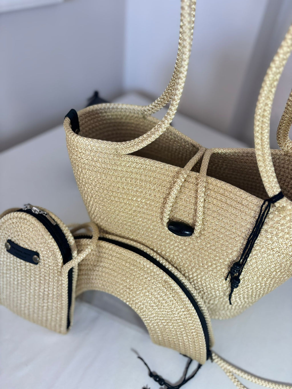 Gold  Woven Straw Bag Set, 3 Piece Tote, Clutch & Phone Crossbody Bag