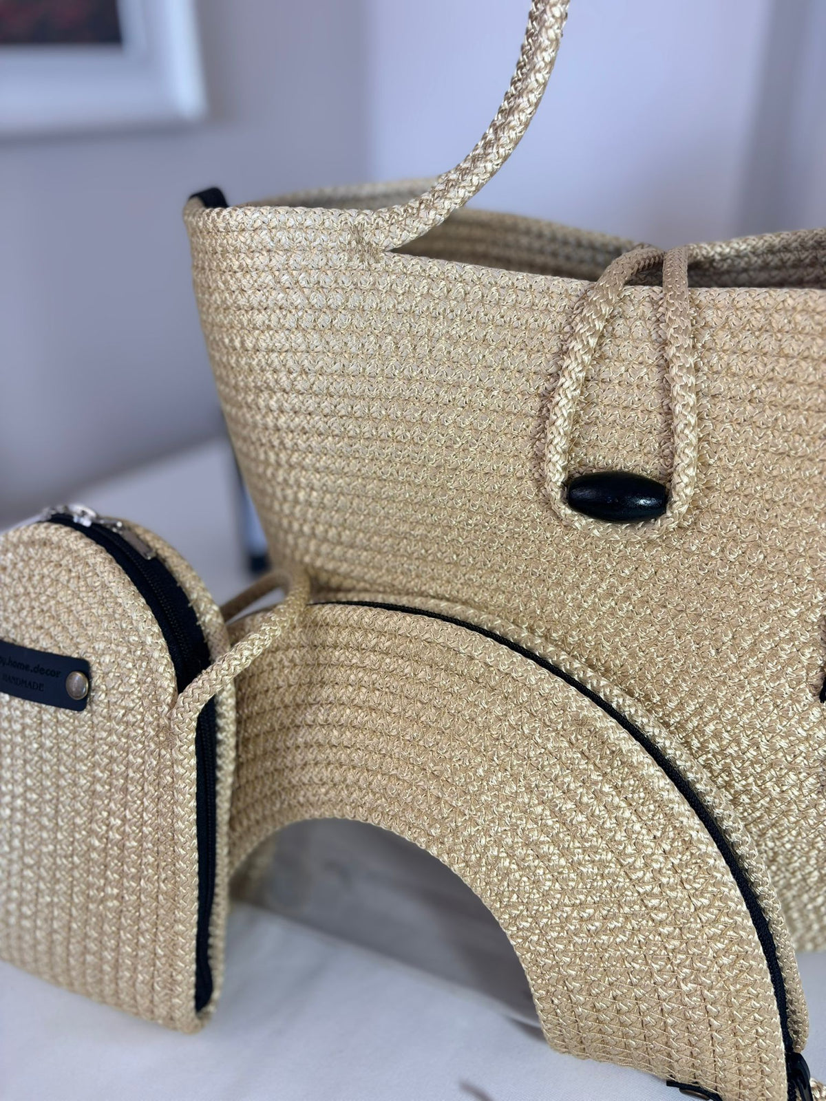 Gold  Woven Straw Bag Set, 3 Piece Tote, Clutch & Phone Crossbody Bag