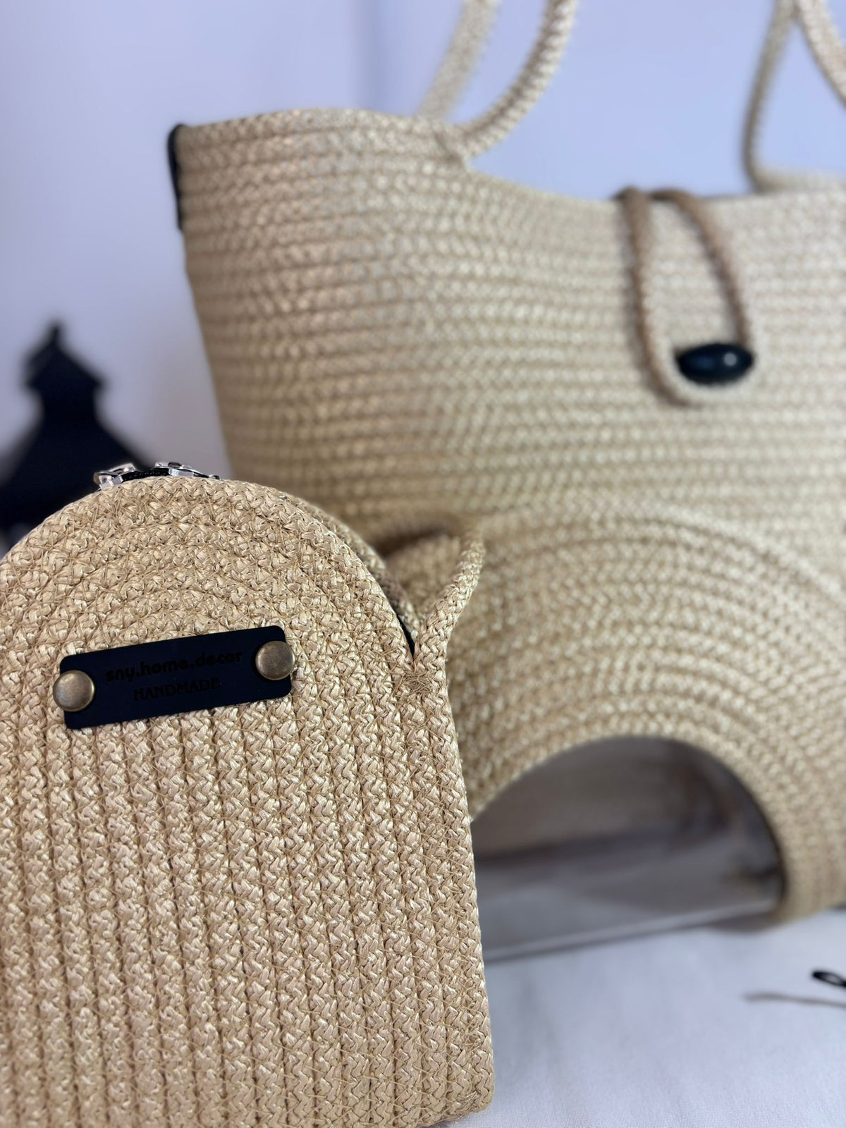 Gold  Woven Straw Bag Set, 3 Piece Tote, Clutch & Phone Crossbody Bag
