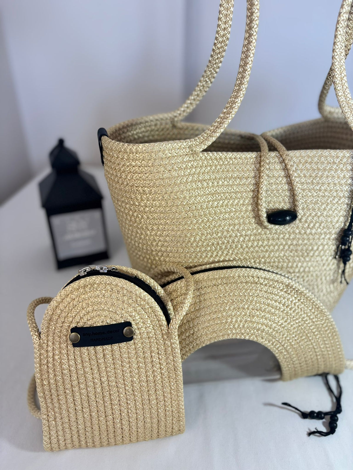 Gold  Woven Straw Bag Set, 3 Piece Tote, Clutch & Phone Crossbody Bag