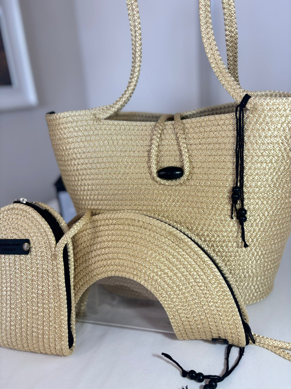 Gold  Woven Straw Bag Set, 3 Piece Tote, Clutch & Phone Crossbody Bag