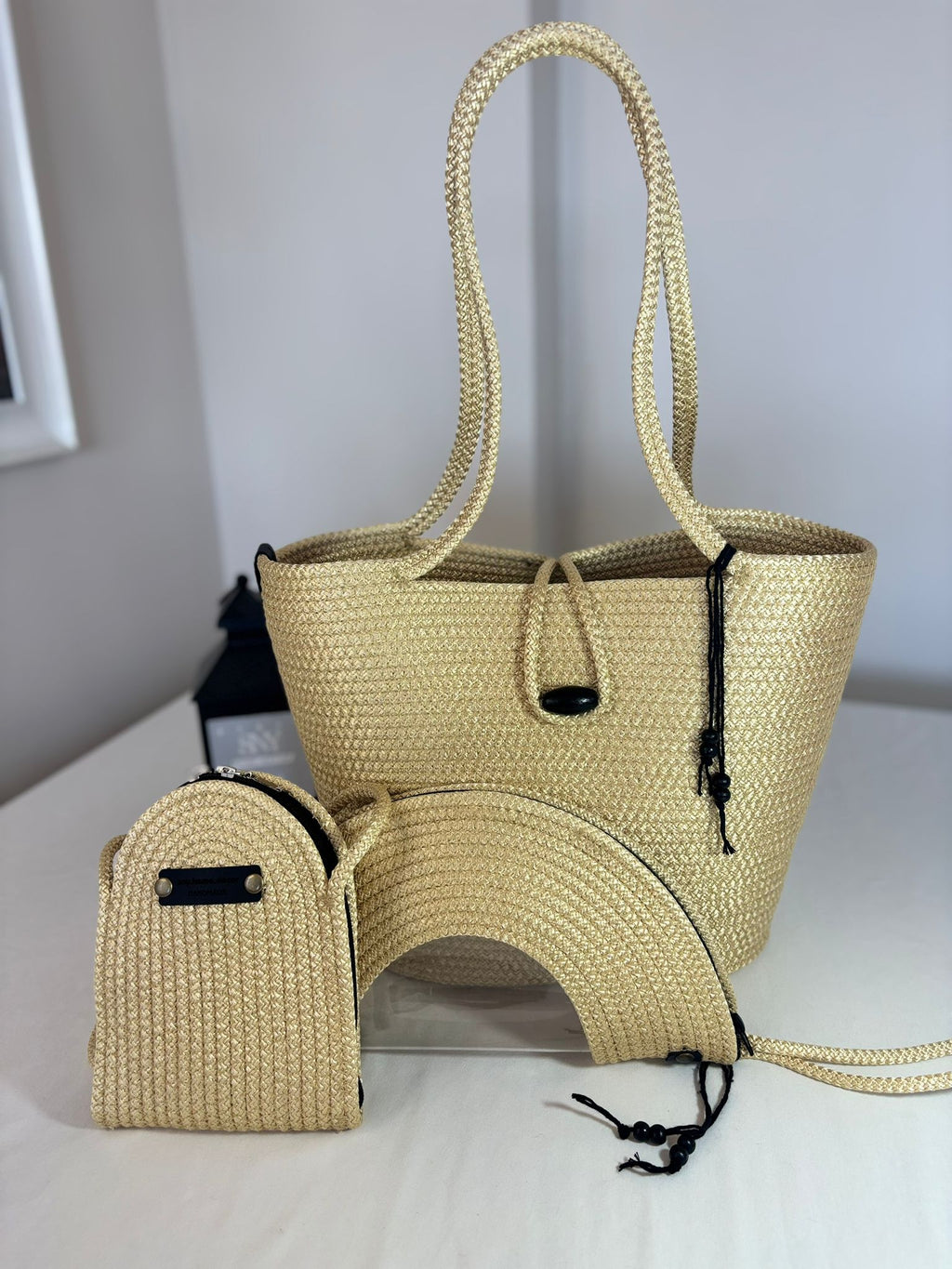 Gold  Woven Straw Bag Set, 3 Piece Tote, Clutch & Phone Crossbody Bag