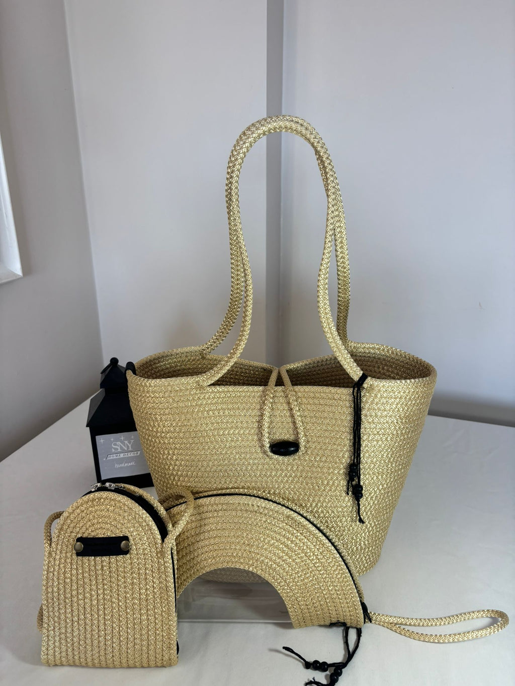 Gold  Woven Straw Bag Set, 3 Piece Tote, Clutch & Phone Crossbody Bag