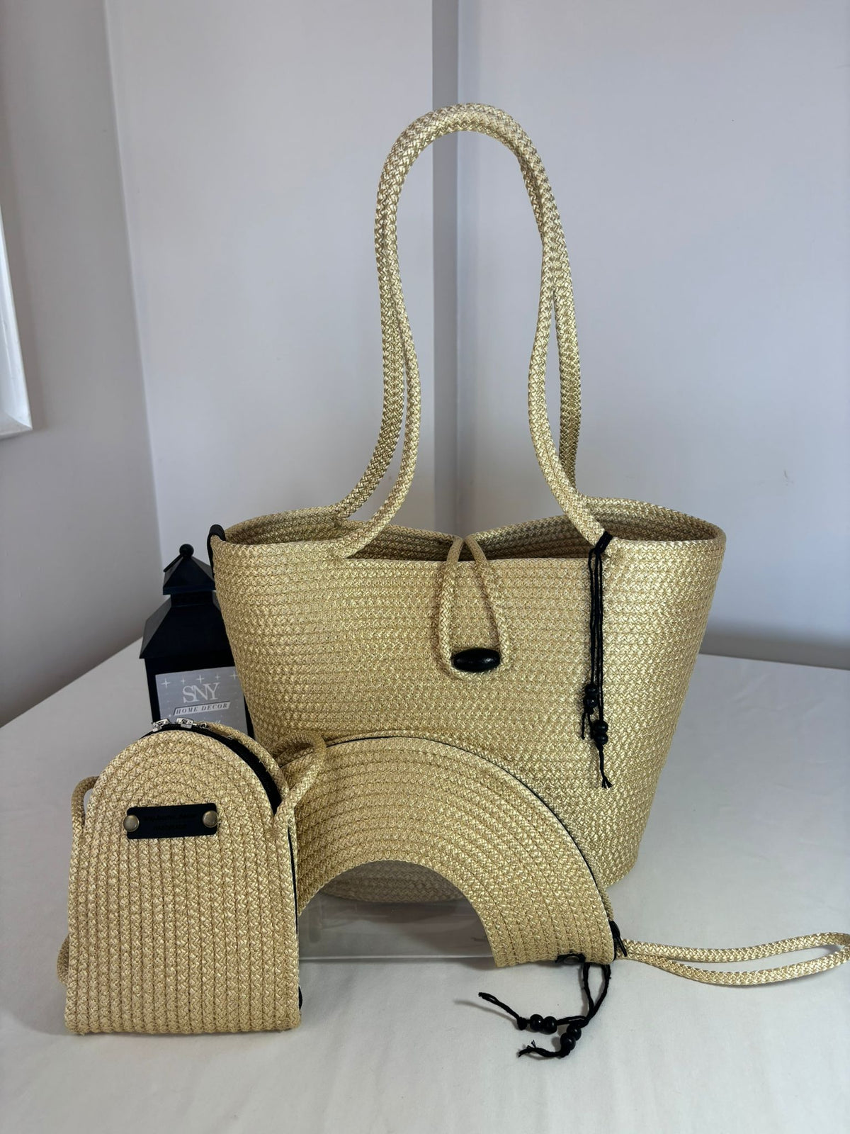 Gold  Woven Straw Bag Set, 3 Piece Tote, Clutch & Phone Crossbody Bag