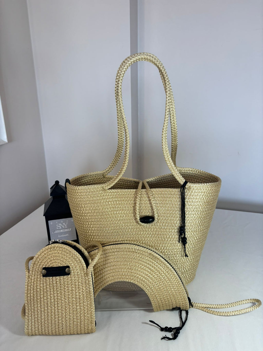 Gold  Woven Straw Bag Set, 3 Piece Tote, Clutch & Phone Crossbody Bag