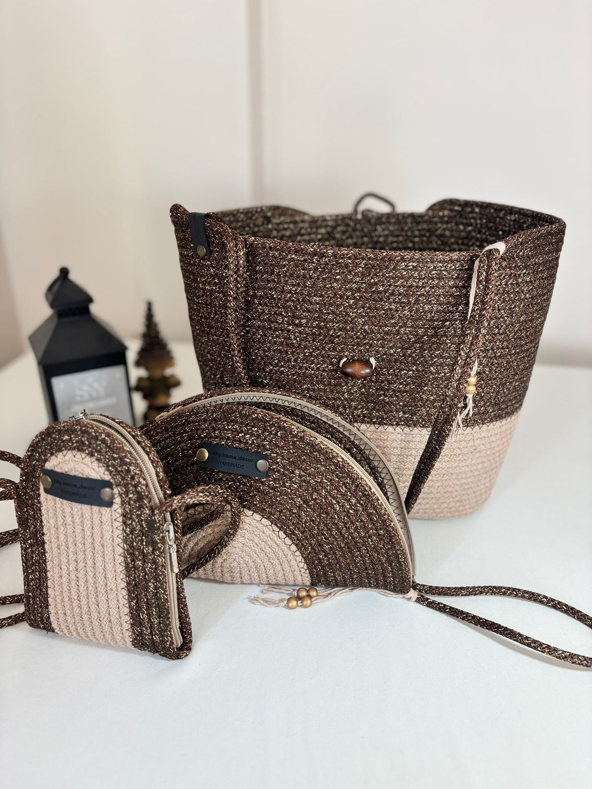 Brown&Beige  Woven Straw Bag Set, 3 Piece Tote, Clutch & Phone Crossbody Bag