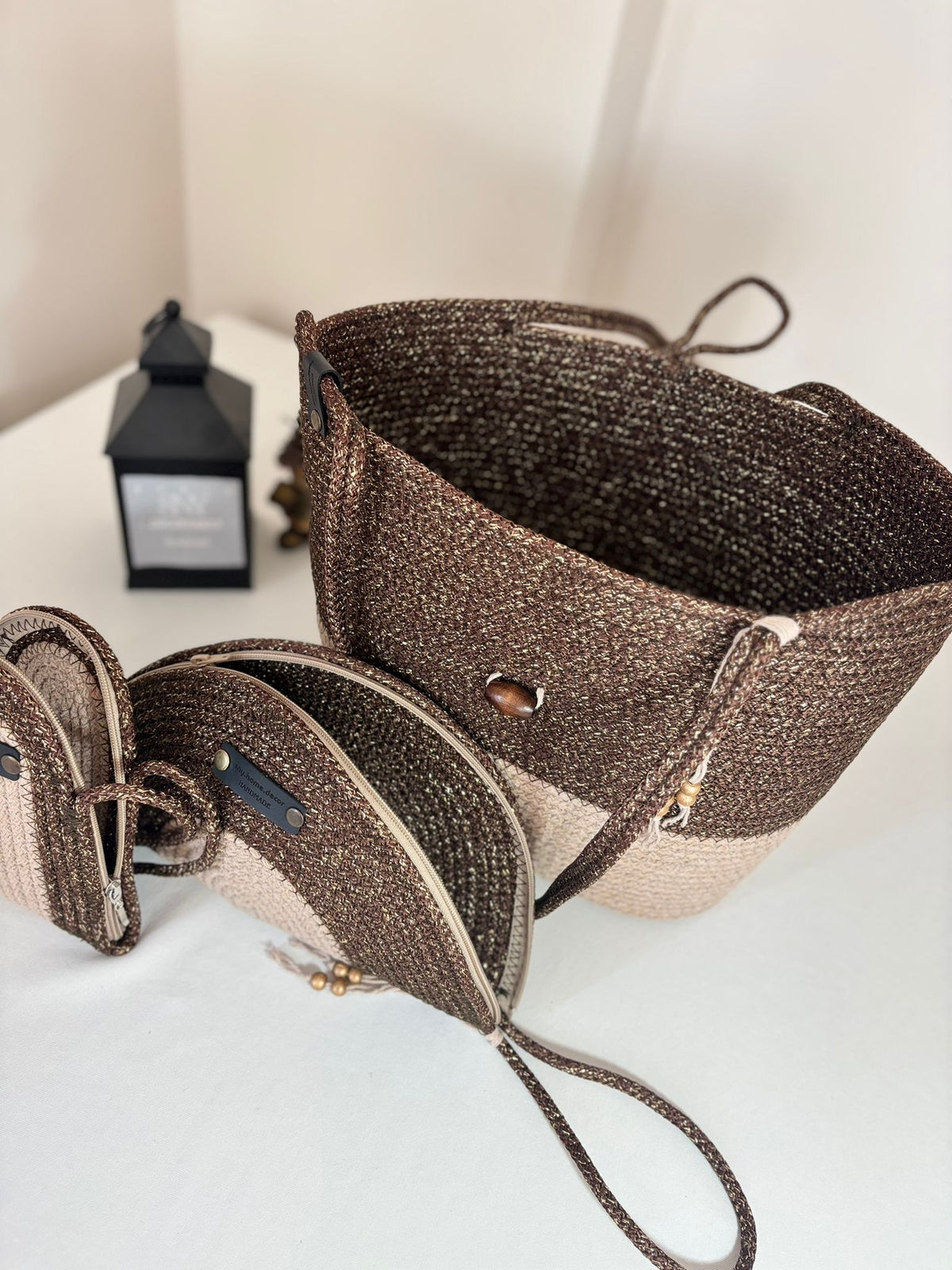 Brown&Beige  Woven Straw Bag Set, 3 Piece Tote, Clutch & Phone Crossbody Bag