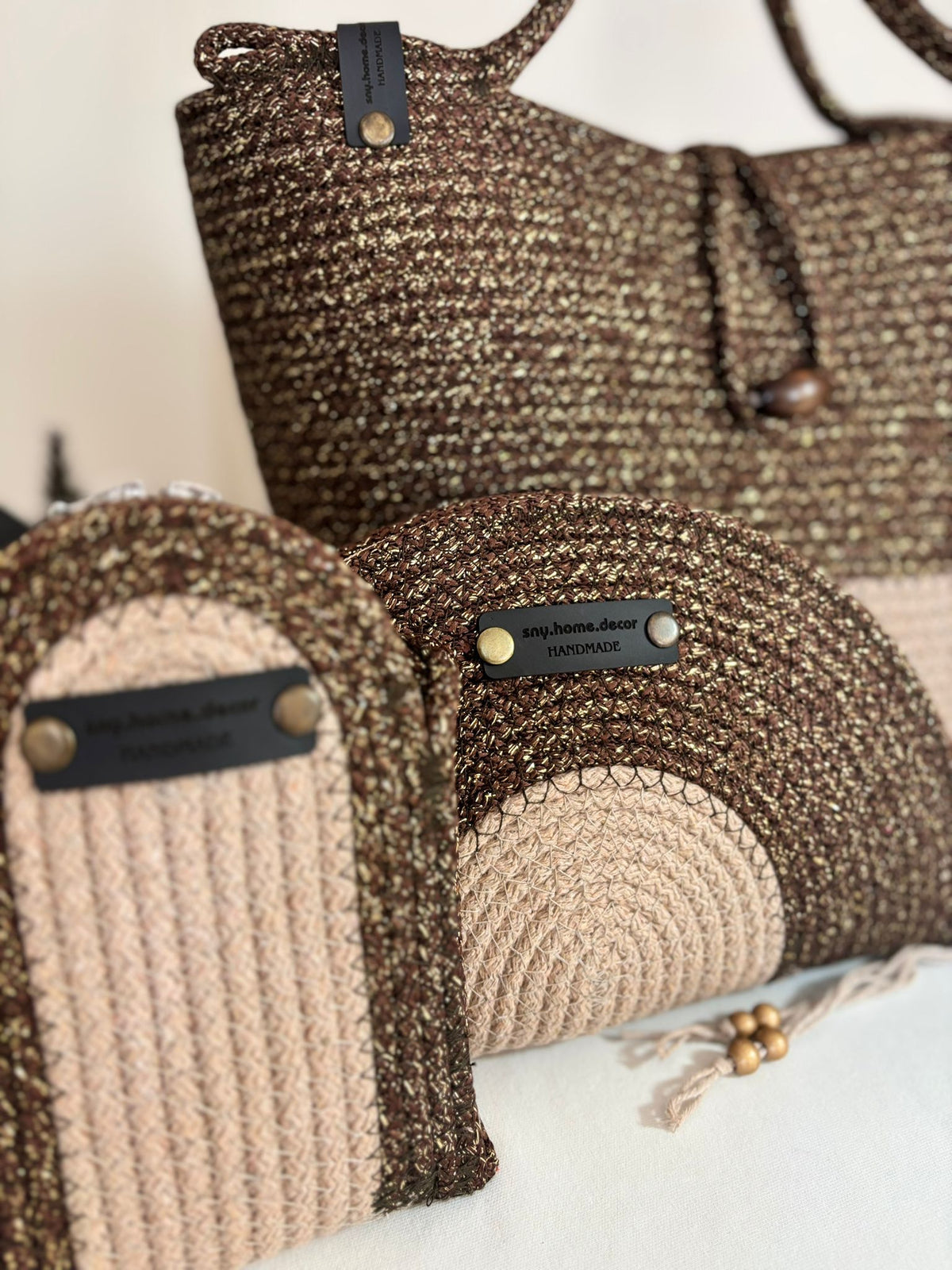 Brown&Beige  Woven Straw Bag Set, 3 Piece Tote, Clutch & Phone Crossbody Bag