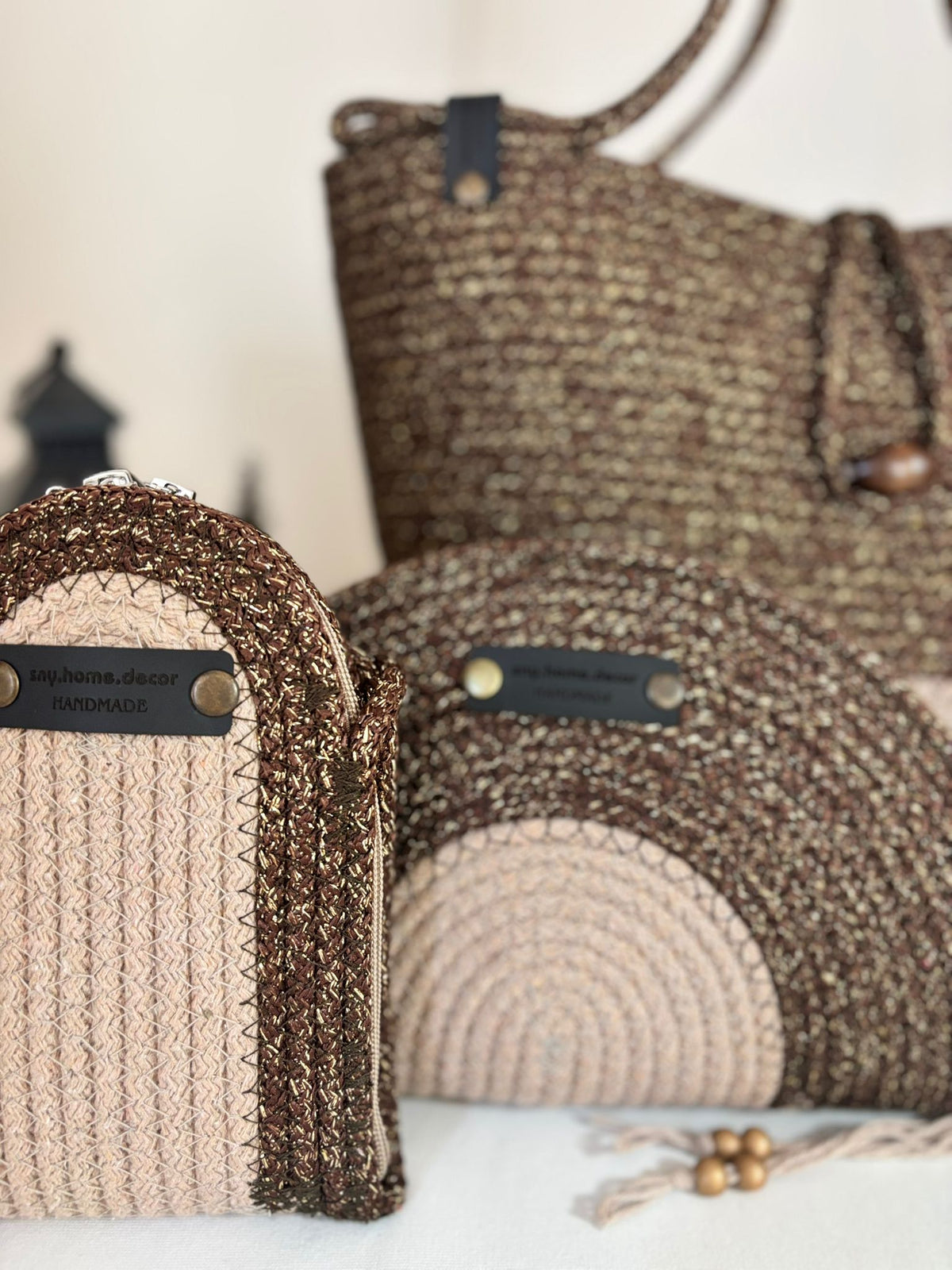 Brown&Beige  Woven Straw Bag Set, 3 Piece Tote, Clutch & Phone Crossbody Bag