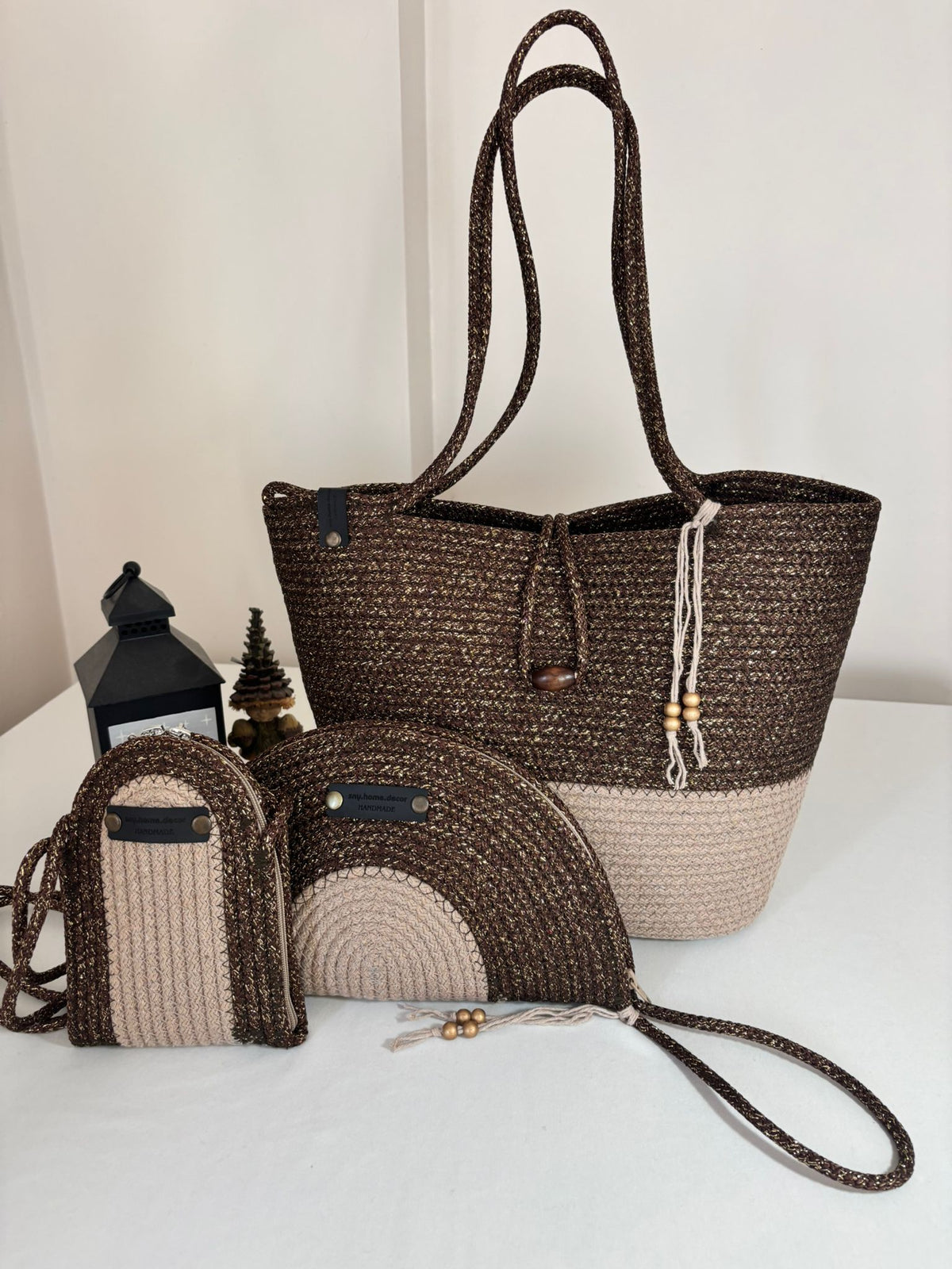 Brown&Beige  Woven Straw Bag Set, 3 Piece Tote, Clutch & Phone Crossbody Bag