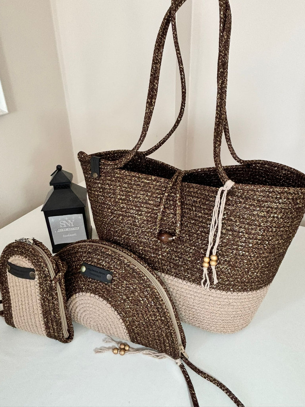 Brown&Beige  Woven Straw Bag Set, 3 Piece Tote, Clutch & Phone Crossbody Bag