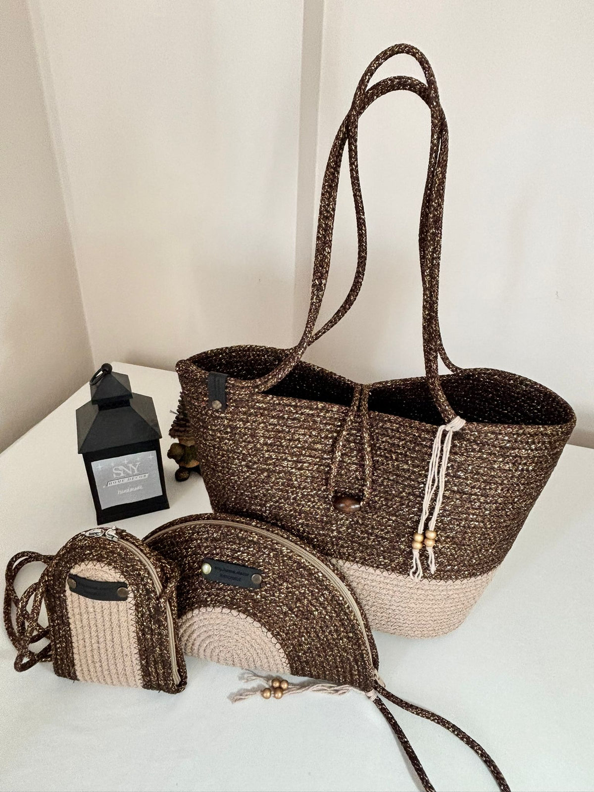 Brown&Beige  Woven Straw Bag Set, 3 Piece Tote, Clutch & Phone Crossbody Bag