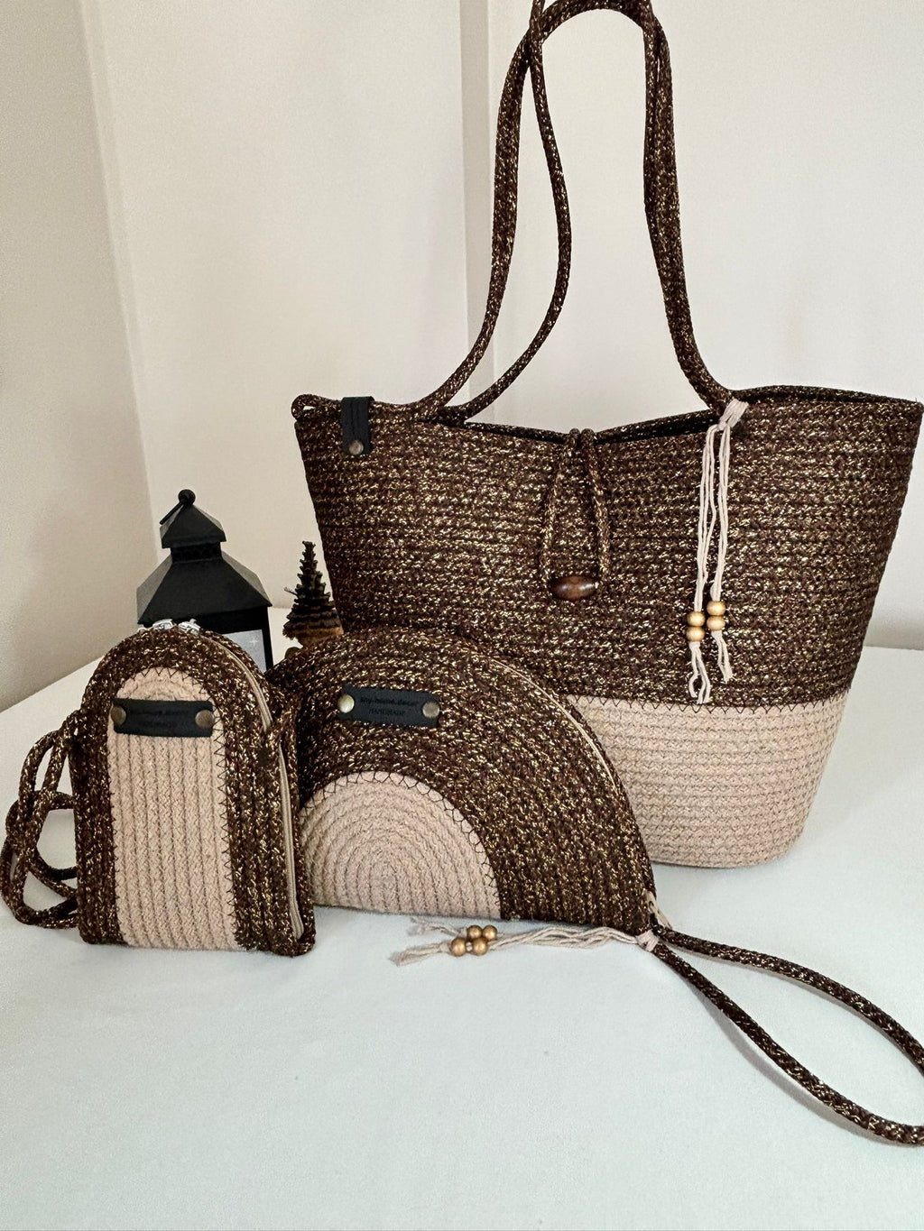 Brown&Beige  Woven Straw Bag Set, 3 Piece Tote, Clutch & Phone Crossbody Bag