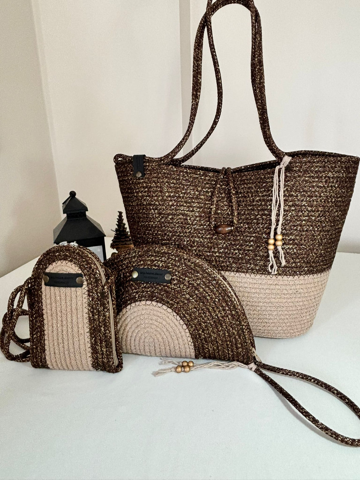 Brown&Beige  Woven Straw Bag Set, 3 Piece Tote, Clutch & Phone Crossbody Bag
