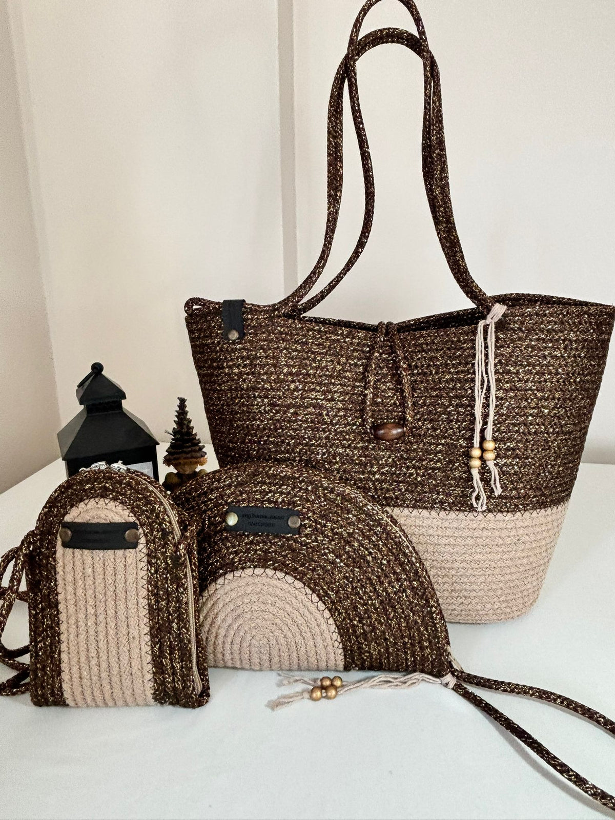 Brown&Beige  Woven Straw Bag Set, 3 Piece Tote, Clutch & Phone Crossbody Bag