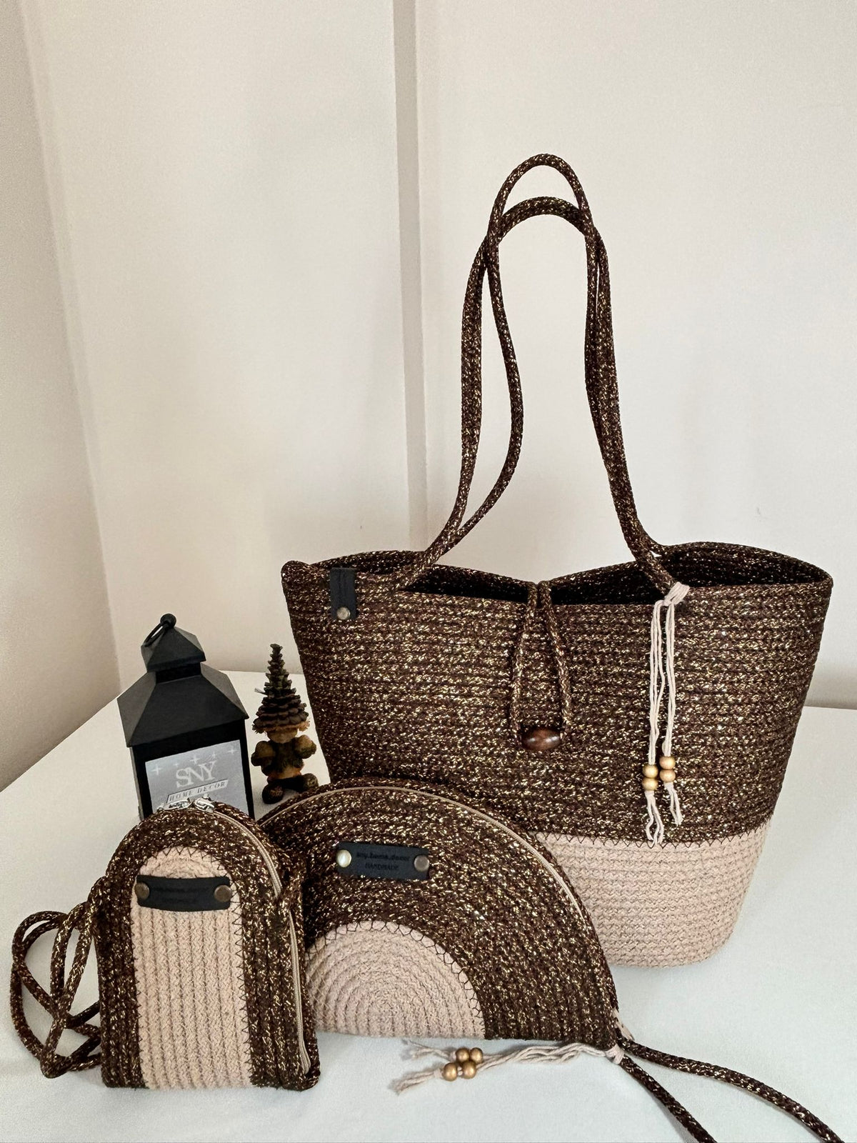 Brown&Beige  Woven Straw Bag Set, 3 Piece Tote, Clutch & Phone Crossbody Bag