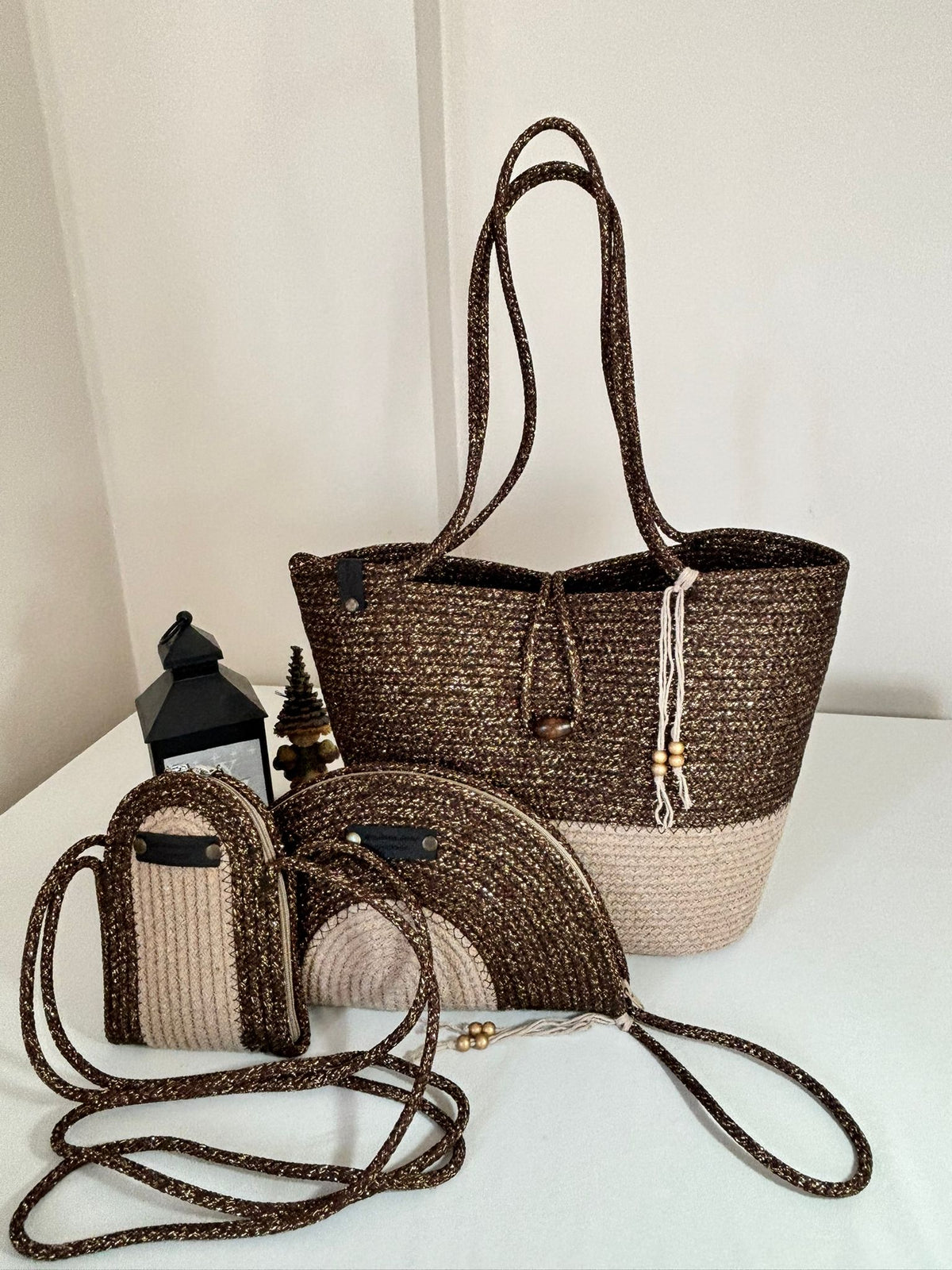 Brown&Beige  Woven Straw Bag Set, 3 Piece Tote, Clutch & Phone Crossbody Bag