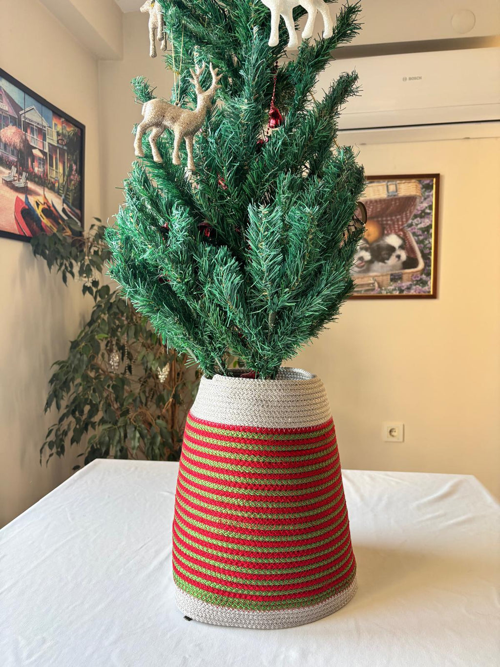 2-Piece Set Handmade Wicker Christmas Tree Stand Cover, Rustic Tree Skirt, Eco-Friendly Base Cover
