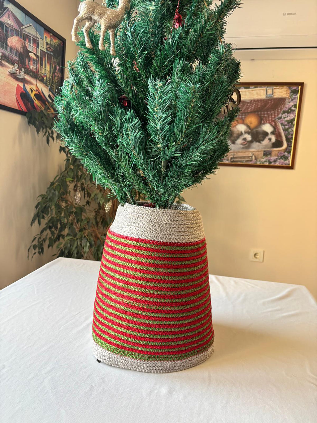2-Piece Set Handmade Wicker Christmas Tree Stand Cover, Rustic Tree Skirt, Eco-Friendly Base Cover