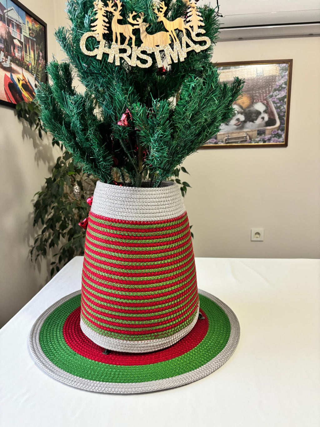2-Piece Set Handmade Wicker Christmas Tree Stand Cover, Rustic Tree Skirt, Eco-Friendly Base Cover