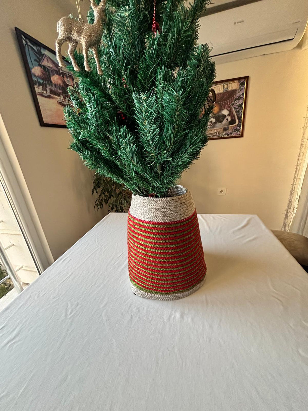 2-Piece Set Handmade Wicker Christmas Tree Stand Cover, Rustic Tree Skirt, Eco-Friendly Base Cover