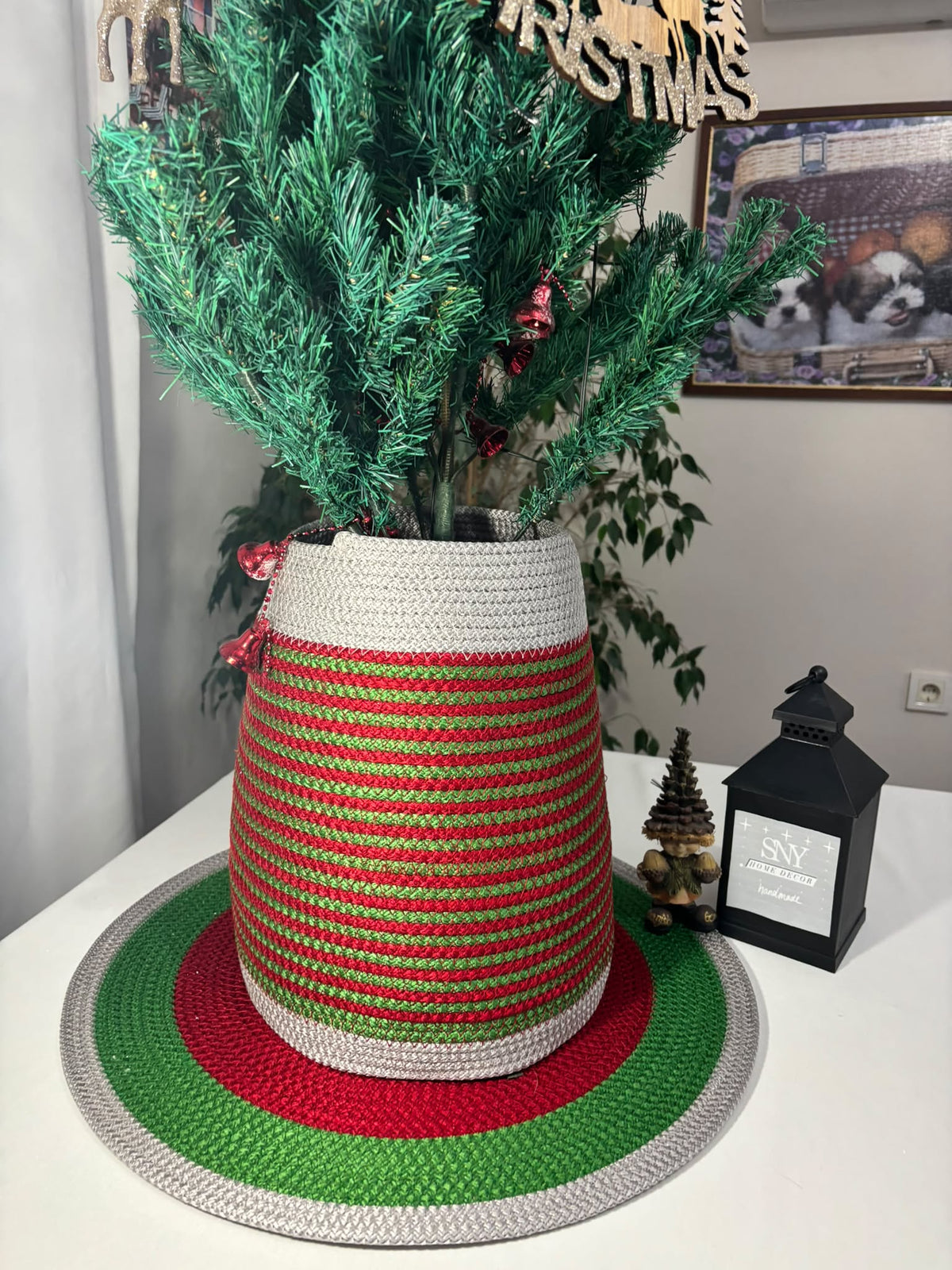 2-Piece Set Handmade Wicker Christmas Tree Stand Cover, Rustic Tree Skirt, Eco-Friendly Base Cover