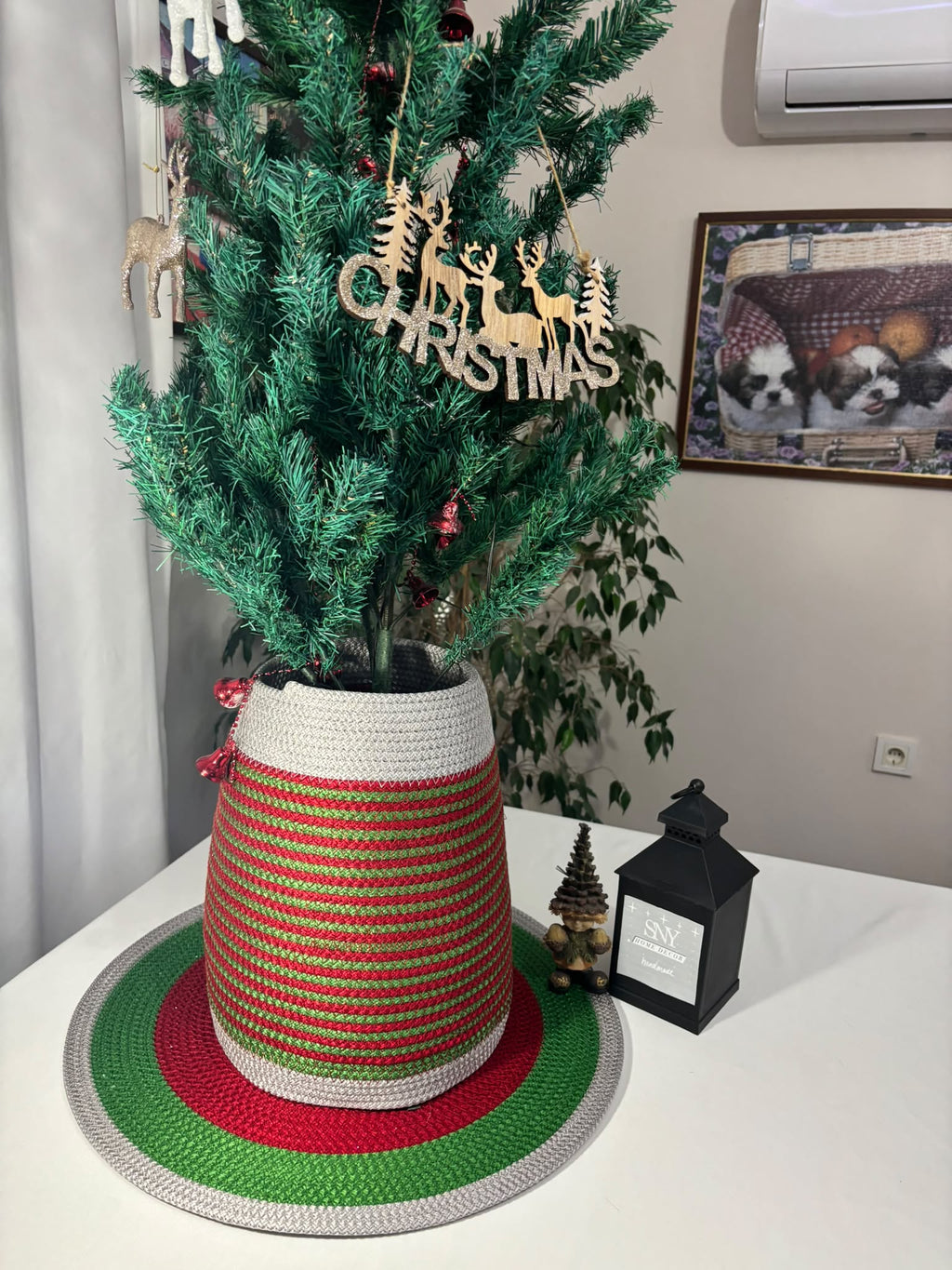 2-Piece Set Handmade Wicker Christmas Tree Stand Cover, Rustic Tree Skirt, Eco-Friendly Base Cover
