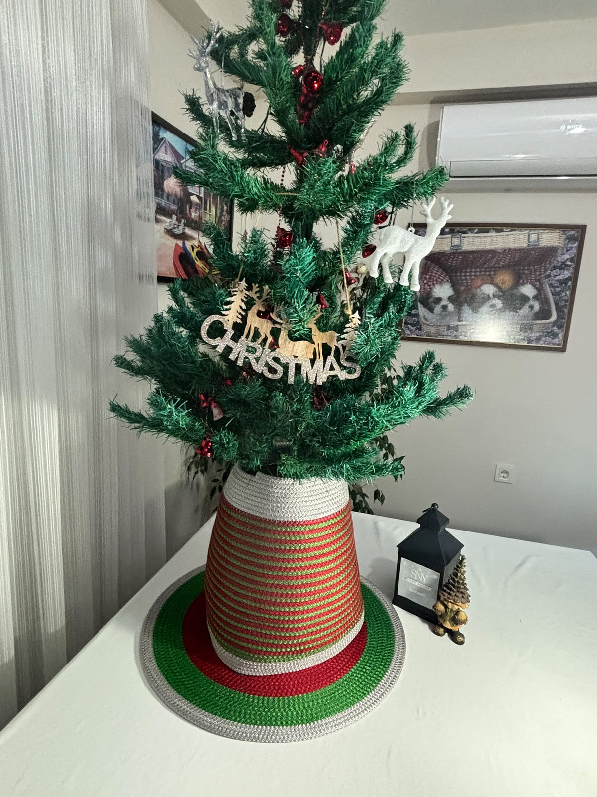 2-Piece Set Red-Green-Silver Handmade Wicker Christmas Tree Stand Cover, Rustic Tree Skirt, Eco-Friendly Base Cover