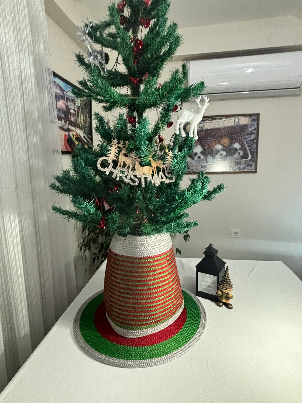 2-Piece Set Red-Green-Silver Handmade Wicker Christmas Tree Stand Cover, Rustic Tree Skirt, Eco-Friendly Base Cover