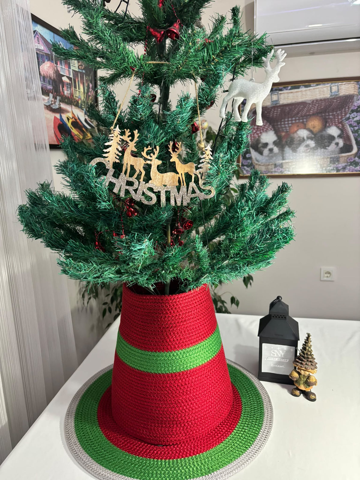 2-Piece Set Red-Green Handmade Wicker Christmas Tree Stand Cover, Rustic Tree Skirt, Eco-Friendly Base Cover