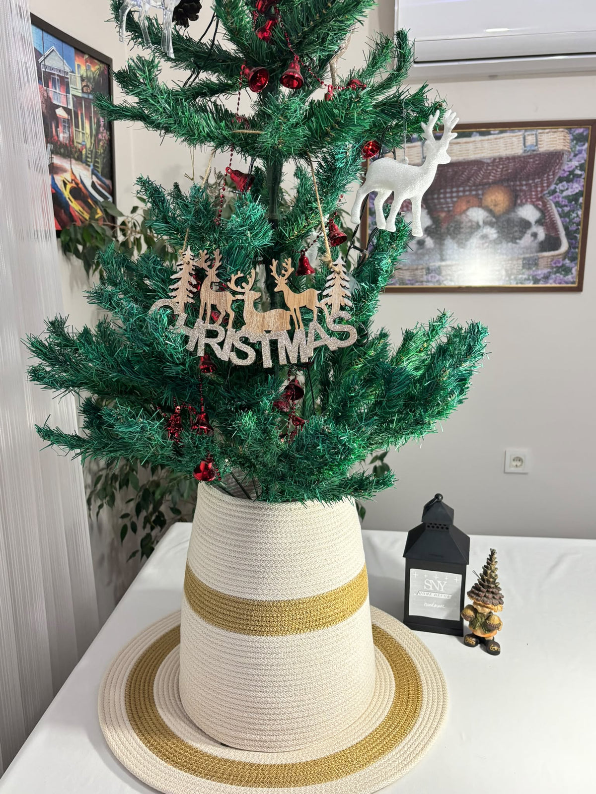 2-Piece Set  White-Gold Handmade Wicker Christmas Tree Stand Cover, Rustic Tree Skirt, Eco-Friendly Base Cover