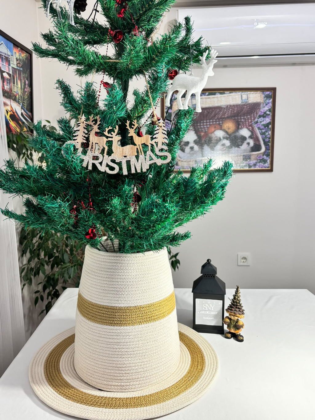 2-Piece Set  White-Gold Handmade Wicker Christmas Tree Stand Cover, Rustic Tree Skirt, Eco-Friendly Base Cover